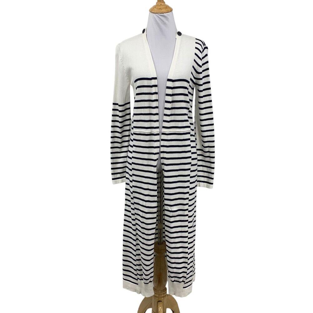 Cabi Cardigan Women S Small Navy White Victory Contrast Striped Open Front Patch